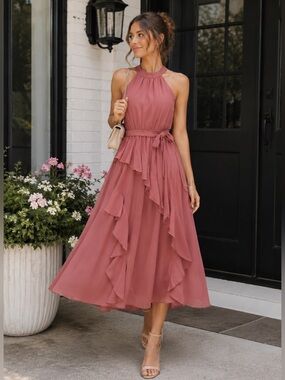 Dusty Rose Halter Ruffle Midi Dress | Elegant Flowy Occasion Dress ✨